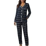 Schlafkleid Damen Frauen-beiläufiger -Plaid-Druck Zweiteiliger langärmliger Pyjama-Pyjama-Anzug Dressing Gown Women Silk Schlafanzüge Damen Sexy (Q, XL-3)