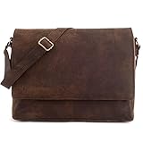 LEABAGS Oxford Leder Schultertasche aus Büffelleder I Laptoptasche bis 15 Zoll im Vintage Look I Messenger Bag mit Schultergurt I Umhängetasche für Büro & Alltag I Nature Dunkelbraun