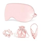 Schlafmasken Kit Satin Augenmaske Haargummis Haarband und Aufbewahrungstasche Weiche Angenehme für Pause Reise Schlafen für Damen Mädchen 4 Stück Rosa