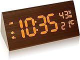 Wecker Digital Holz, LED Tischuhr Holzoptik 7 Helligkeit und 5 Lautstärke Dual Alarm Digital Uhr mit Luftfeuchtigkeit- und Temperaturanzeige USB Netzanschluss für Schlafzimmer, Wohnzimmer Braun