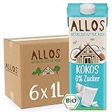 Allos Kokosmilch ohne Zucker | Milch auf Pflanzenbasis | Vegane Milch | ohne zugesetzten Zucker | Milch Alternative | laktosefrei | 1 Liter (6 Stück)