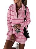 Dokotoo Pullover Kleider Damen Kleid Langarm Streifen Geringeltes Strickkleid Sexy Minikleid Herbst Winter Strick Sweater Reverskleid Reißverschluss Freizeitkleid Rosa XL