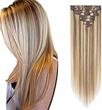 Rich Choices Clip in Extensions Echthaar 8 Stück Clip Extensions 20cm #12/613 Blonde Strähnchen Unsichtbare Haarverlängerung Echthaar Clip ins Remy Seidig Gerade Natürlich - Dünne Tressen