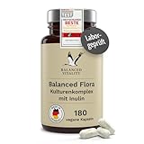 Balanced Flora Kulturen Komplex - 20 Mrd. KBE je Tagesdosis - 180 vegane Kapseln 3 Monatsvorrat - 20 Bakterienstämme + Inulin - magensaftresistent - ohne Zusatzstoffe - Balanced Vitality