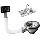 Siebkorbventil Edelstahl mit Überlauf 114mm, Küchenspüle Ablaufgarnitur Set - Spülbecken Siebkörbchen & Siphon mit Rechteck Schnittstelle, Einfache Montage für Küchenspülenablauf