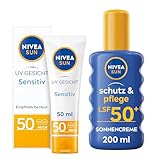 NIVEA SUN Set mit NIVEA SUN UV Gesicht Sensitiv Sonnenschutz LSF 50 und Schutz & Pflege Sonnencreme Spray LSF 50+, parfümfreie Gesichtscreme mit LSF, sofort wirksame und wasserfeste Sonnencreme