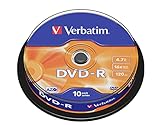 Verbatim DVD-R 16x Matt Silver 4.7GB, 10er Pack Spindel, DVD Rohlinge beschreibbar, 16-fache Brenngeschwindigkeit & Hardcoat Scratch Guard, DVD-R Rohlinge, DVD leer, Rohlinge DVD