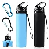 TOATELU 2 Stück Kollabierbare Silikon Wasserflaschen, 600ML Faltbare trinkflasche Silikon, Faltbare Wasserflasche, Leakproof Sports Bottle, Reise Wasserflasche für Sport und Outdoor (Blau+Schwarz)