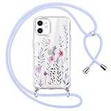 Oelrstfe Handykette für iPhone 12/iPhone 12 Pro Hülle mit Band,Blumen Motiv Transparent Silikon Handyhülle mit Kette Kordel zum Umhängen Stoßfest Kratzfest Anti-Vergilbung Glitzer Schutzhülle,Blau