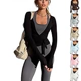 Damen Y2k Ballett Wickel Top Schwarz Langärmelig Tiefer V-Ausschnitt Schmale Passform Yoga Pilates Workout Bandage Weiches Shirt Einfarbig Blusen Tanzbekleidung Dancewear XS,S,M,L