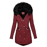 Cantissa Langer Damen-Parka mit Pelzbesatz, mit Kapuze, gepolstert, Winterjacke, Mantel, Winter, warme Baumwolle, Steppjacke, Parka mit Kunstfell-Kapuze, Weindick, XXL
