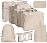 Bansga Koffer Organizer 8 set, Packing Cubes Kofferorganizer Kleidertaschen Schuhbeutel Reiseorganizer Packwürfel Kosmetik Travel Organizer Packtaschen für Koffer-Beige