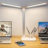 iVict Dual Swing Arm LED Schreibtischlampe, 5-Modi Touch Control Helligkeitsstufen Schreibtischlicht mit 45-Minuten Auto-Off Timer, USB-Ladeanschluss, Speicherfunktion, Schreibtischlampen für Kinder