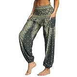 Nuofengkudu Damen Hippie Hosen mit Taschen Haremshosen Leichte Boho Muster Bunt High Waist Yogahosen Sommer Lockere Umstandshose Freizeithose (Grün B,One Size)