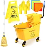 Maxdot Kommerzieller Wischmoppeimer mit seitlichem Auswringer auf Rädern, 10-teiliges Set, gelber industrieller Wischmopp und Eimer mit Warnschild, 5 Mikrofaser-Reinigungstücher und 2 Handschuhen, Set