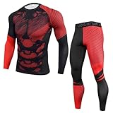 Kreeqe Kompressionskleidung für Herren, langärmelig, Kompressionshemden und -Hosen, Thermo-Basisschicht-Set (rote Streifen, S)