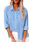 Friptspyg Bluse Damen Lässiges Langarm Hemdbluse Elegant Blusen & Tuniken für Damen V-Ausschnitt 100% Baumwolle Solide Sommer Oberteile mit Tasche, Himmelblau L