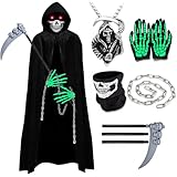 YADODO Sensenmann Kostüm Herren Damen Erwachsene mit Sense Schädelmaske Handschuhen Halloween Kostüm Herren Sensenmann Umhang Samt Schwarzer Robe mit Kapuze Männer Frauen Teenager Halloween