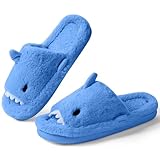 OFFCUP Fuzzy Damen-Hausschuhe, offener Zehenbereich, niedlicher Hai, rutschfest, weich, bequem, Memory-Schaum, Plüsch, flache pelzige Hausschuhe für drinnen und draußen, blau, 40 EU
