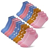 Falechay Mädchen Socken 31-34 Baumwolle Kindersocken Trainer Kurze Sneaker Socken Bunte mit Streifen und Punkten 10 Paar