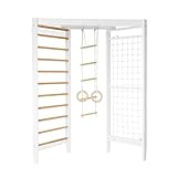 Klettergerüst Turngerät Sprossenwand mit Kletternetz Turnleiter & Ringe Kinderzimmer weiß und Holz