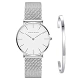 Kubagom Damen Uhren Analog Quarz Edelstahl Wasserdicht Mesh Ultradünne Set mit Armreif (Weiß Oberfläche,Silber Armband,Silber Armreif)