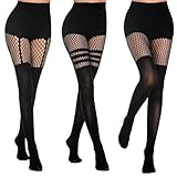 GIEEU 3 Paar Strumpfhosen mit Strumpfhalter: schwarze Netzstrumpfhosen, gestreifte Strumpfhosen mit hoher Taille und blickdichte Netzstrumpfhosen für Alltag, Cosplay und Nachtclub
