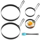 CAREDGO 4 Stk Spiegeleiformen Edelstahl Runde Eierformen 9/15 cm Pfannkuchen Form Pancake Egg Ring Omelettform Eierringe mit Klappgriffen und Ölpinsel für Spiegeleier Sandwiches Pfannkuchen Hackbraten