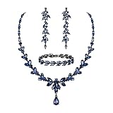 EVER FAITH Schmuckset Österreichisches Kristall Braut Schmuck-Set, Elegante Marquise Strass Blatt Halskette mit baumelnden Ohrringen Tennis-Armband-Set, Saphir-Blau Schwarz-Tone