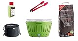 LotusGrill Starter-Set Classic 1x Grill Limettengrün USB-Anschluß, 1x Buchenholzkohle 2,5 kg, 1x Brennpaste 200ml, 1x Zange (Farbe nach Vorrat), 1x Transport-Tragetasche - der raucharme Holzkohlegrill