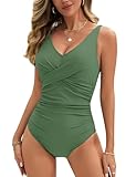 Vijamiy Badeanzug Damen Bauchweg Schlankheits Push Up Bademode V Ausschnitt Sexy Badeanzug Damen Modische Monokini Größe One Piece Swimsuits (grün,L)