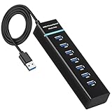 7-Port USB Hub 3.0 mit 120cm Kabel, USB A HUB Multiport Adapter mit 5V 3A Type-A Multiport Adapter Splitter EIN USB 3.0 und sechs USB 2.0-Hubs für PC Laptop MacBook U-Disk Maus weitere USB Geräte