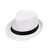 Boolavard Kinder Mädchen Jungen Sommer Fedora Strohhut Breite Krempe Floppy Strand Sonnenblende Hut (Weiss)