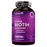Biotin Hochdosiert 12000mcg, Haar Vitamine - 400 Vegan Biotin Tabletten für 1+ Jahr Vorat, Vitamin B7 - Haut Haare Nägel (EFSA) - Haarvitamine für Frauen - Hair Vitamins bei Nutravita