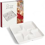 MIJOMA Servierplatte Weihnachten – weiße Porzellan-Snackplatte mit Stern in der Mitte – 6-geteilte Schale für Dips, Süßes & Fingerfood – 22×22 cm