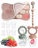 Mittimiya Fruchtsauger Baby ab 3 4 5 6+ Monate, 2 Stück Baby Obst Nahrung Futterautomat & MBabynahrungs-Aufbewahrungsbehälter & Schnullerkette & 6 Silikon Sauger in 3 Größen, Obst Schnuller Baby