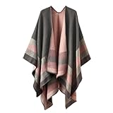 Colornival Damen Winter Poncho - Elegante Decke Cape Strick Mantel Schal - Warmes Geschenk für Geburtstag Weihnachten (Grau + Rosa)