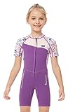 Mädchen 2.5mm Neoprenanzug Kinder Einteiler Tauchanzug Tropisch Violet Kurzarm Shorty Badeanzug Schnorchel One Piece Wetsuit L