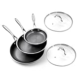 DELUXE Hybrid-Antihaft-Pfannen-Set, 20,3 cm, 20,3 cm, 30,5 cm, Bratpfannen mit Deckel aus gehärtetem Glas, Keramikbeschichtung, kühlbleibende Griffe, spülmaschinenfest, funktioniert auf allen