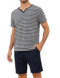 Bresdk Schlafanzug Herren kurz Pyjama Set Sommer Baumwolle Kurzarm Nachtwäsche V-Ausschnitt Schlafanzüge kurzer Sleepwear Marineblau+Grau L
