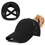 Pferdeschwanz Baseballkappe Damen Sommer Einstellbare Schnell trocknende Masche Atmungsaktiv Baseballmütze Unisex Criss Cross Hüte Sport Mütze (Schwarz)