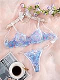 FRINZA Bikinis Taillenslips Transparentes blaues Schmetterlings-Spitzen-Dessous-Set for Damen, Geraffter Push-Up-BH, täglich bequem, eng anliegend(L)