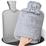 HAOCEE Wärmflasche mit Bezug, 2L Wärmeflasche Groß Flauschig,Wärmflaschen mit Känguru-Tasche,Auslaufsicher und Getestet, Bettflasche lange warm, Hot Water Bottle (Grau)