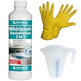 HOTREGA Whirlpool-Desinfektion 2in1 500ml | Whirlpool Reiniger | Kraftvoll gegen Kalk Bakterien Viren & Gerüche | inkl. Messbecher & Handschuhe