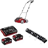 Einhell Akku-Vertikutierer-Lüfter GE-SC 35/1 Li Power X-Change (2x 18V, 35 cm Arbeitsbreite, bis 9 mm Arbeitstiefe, Brushless, inkl. 2x 3,0 Ah Akku, Twincharger und Ersatzlüfterwalze)