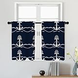 Batmerry Vorhänge mit maritimem Ozean, Schiffsanker, Seil-Detail, Café-Vorhang, kurze Küchen-Vorhänge, kleiner Volant für Badezimmer, 2 Stück, 91,4 x 66 cm