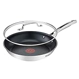 Tefal G48514 Induktion Pfanne 24cm + Jamie Oliver Glasdeckel, Edelstahl Pfannen mit Titanium Antihaftversiegelung, Genietete Cool Touch Edelstahlgriffe, Induktionsherd geeignet, Antihaft Bratpfanne