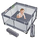 YUMBOT Laufstall Baby Faltbar, 127x127cm Laufgitter mit Tor, Baby Playpen mit Atmungsaktivem Netz,Stabile Basis, Kinder Sicherheitsspielplatz