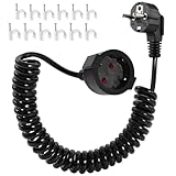 Schutzkontakt Spiralverlängerung 2M, Schuko Verlängerungskabel Spiralkabel Verlängerung dehnbar von 0.75m auf 2m, 3680W Spiralleitung Kabelstecker Spiral Kabel mit Schuko Stecker & Kupplung,Schwarz ﻿
