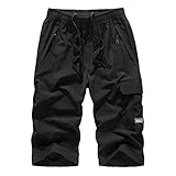 MakingDa 3/4 lange Herren-Shorts, unterhalb des Knies, Cargohose, 3/4 lange Shorts mit Reißverschlusstasche, kurze Hose, Schwarz , 3XL